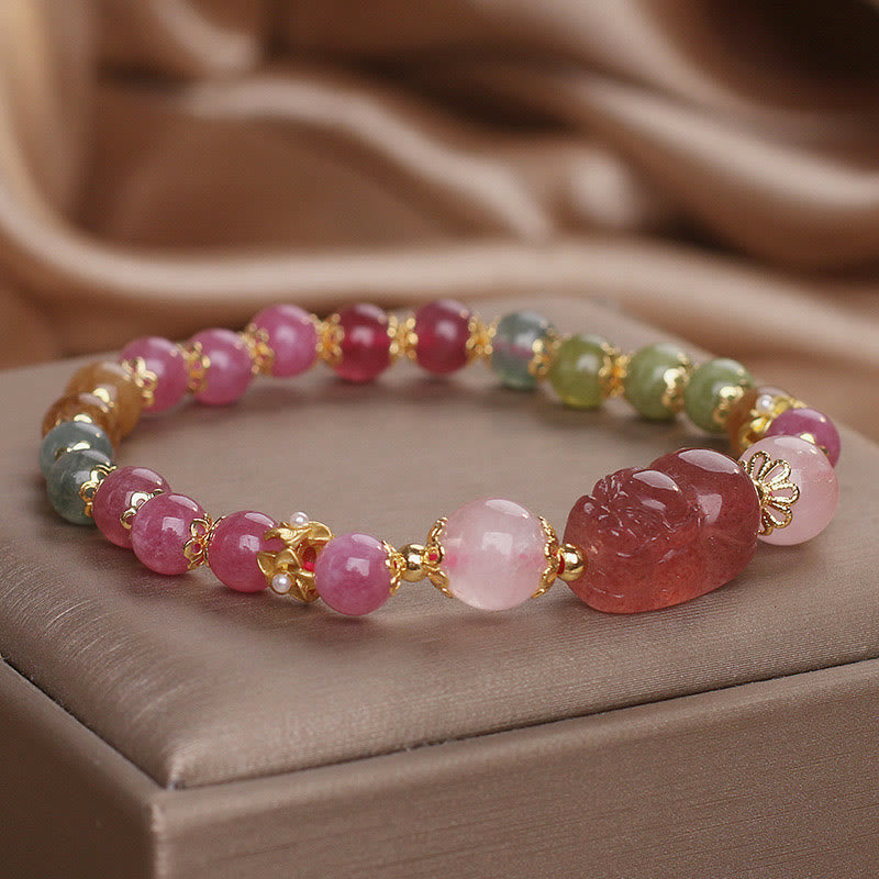 Wear FengShui Tourmaline Strawberry Quartz Pink Crystal PIXIU Love Bracelet