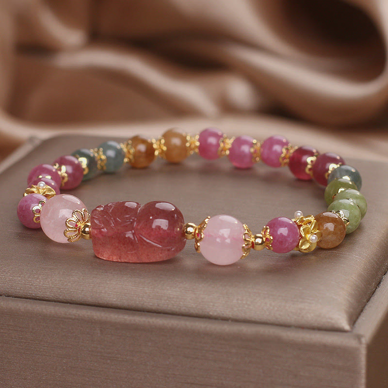 Wear FengShui Tourmaline Strawberry Quartz Pink Crystal PIXIU Love Bracelet