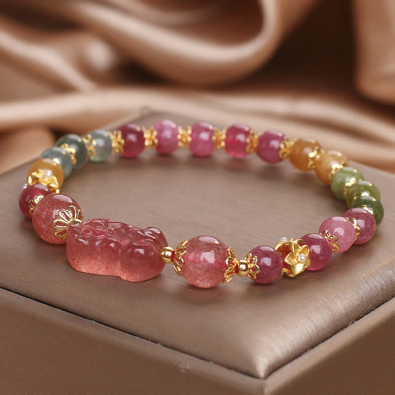 Wear FengShui Tourmaline Strawberry Quartz Pink Crystal PIXIU Love Bracelet