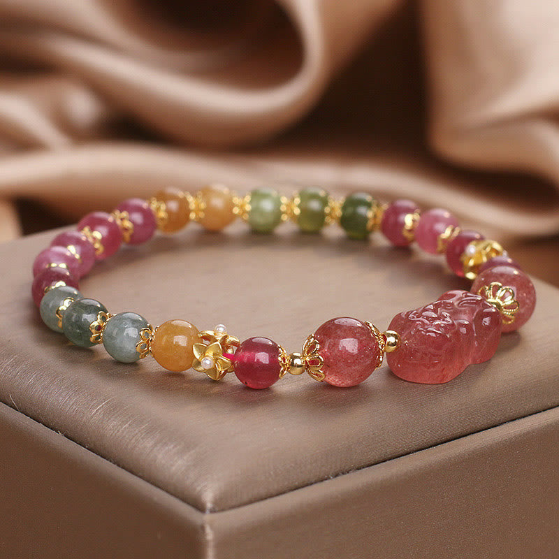 Wear FengShui Tourmaline Strawberry Quartz Pink Crystal PIXIU Love Bracelet