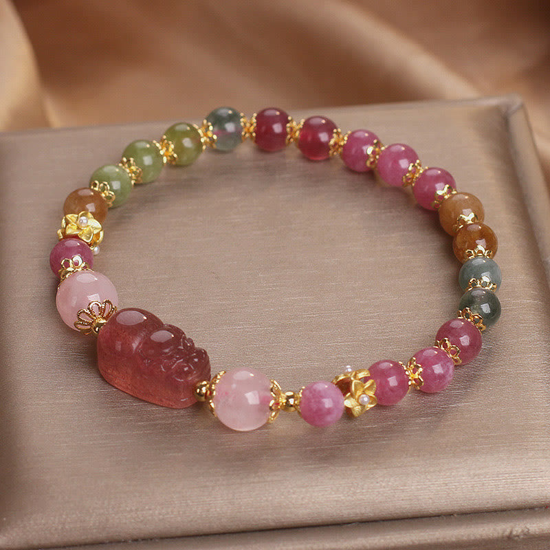 Wear FengShui Tourmaline Strawberry Quartz Pink Crystal PIXIU Love Bracelet