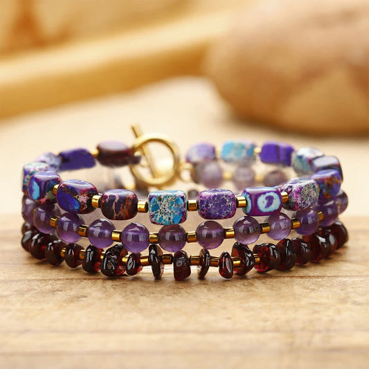 Wear FengShui Amethyst Garnet Emperor Stone Communication Triple Wrap Bracelet