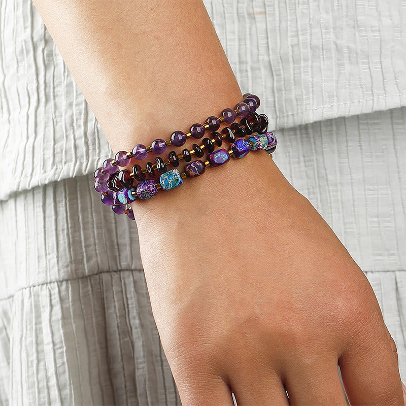 Wear FengShui Amethyst Garnet Emperor Stone Communication Triple Wrap Bracelet