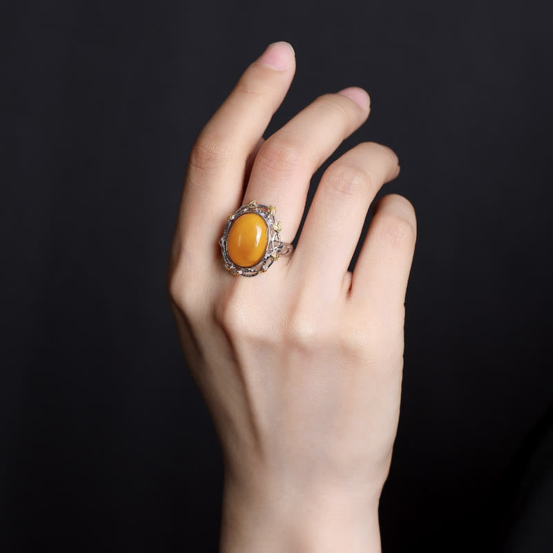 Wear FengShui 990 Sterling Silver Plated Gold Amber Focus Adjustable Ring