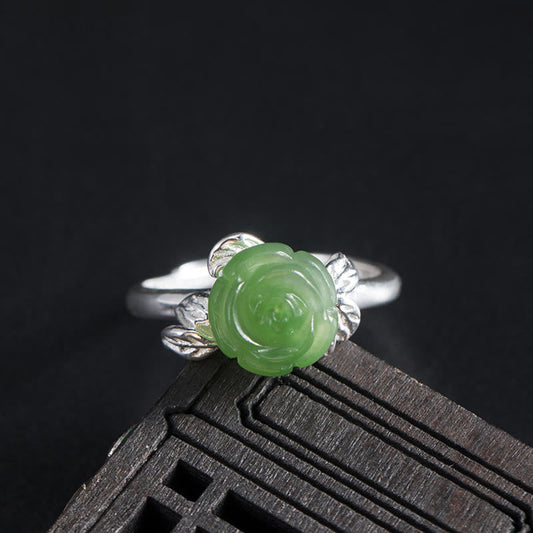 Wear FengShui 925 Sterling Silver Jade Green Rose Luck Adjustable Ring