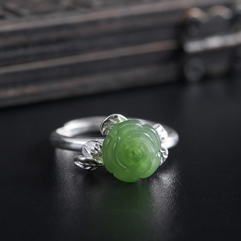 Wear FengShui 925 Sterling Silver Jade Green Rose Luck Adjustable Ring