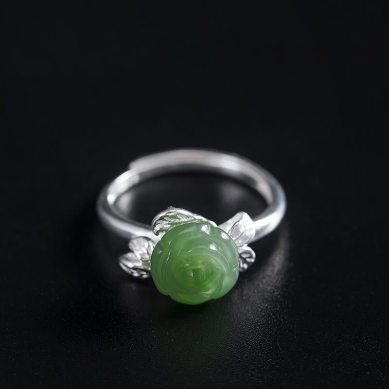 Wear FengShui 925 Sterling Silver Jade Green Rose Luck Adjustable Ring