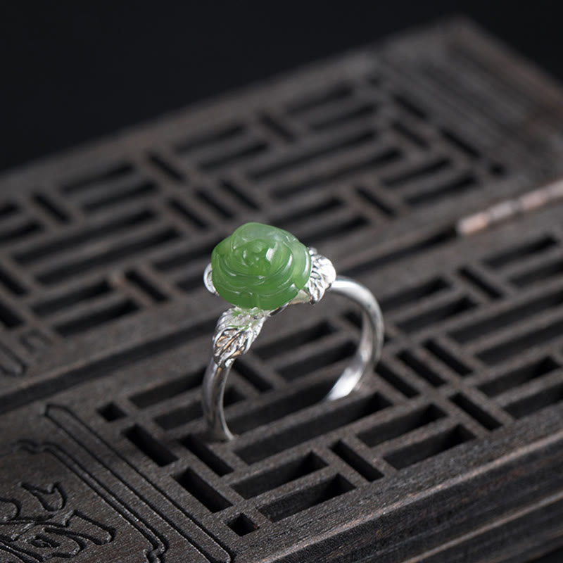 Wear FengShui 925 Sterling Silver Jade Green Rose Luck Adjustable Ring
