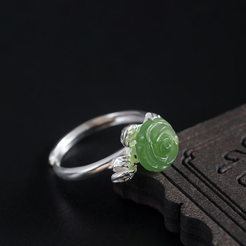Wear FengShui 925 Sterling Silver Jade Green Rose Luck Adjustable Ring