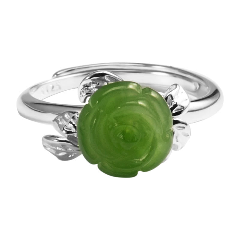 Wear FengShui 925 Sterling Silver Jade Green Rose Luck Adjustable Ring