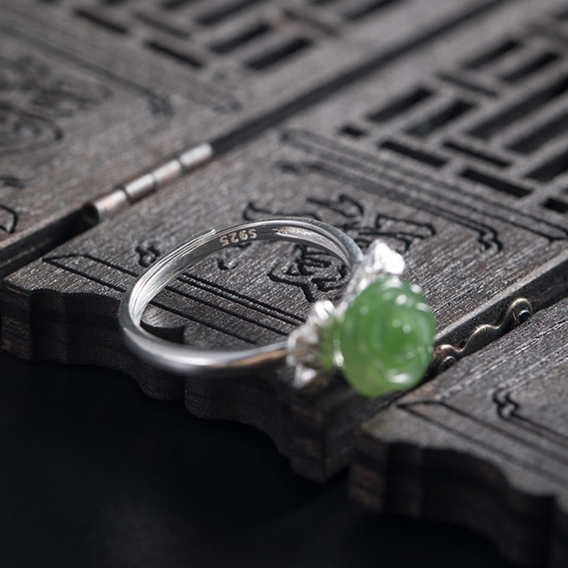 Wear FengShui 925 Sterling Silver Jade Green Rose Luck Adjustable Ring