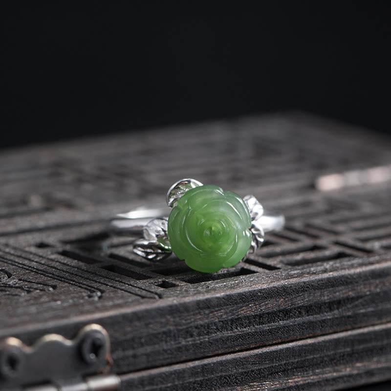 Wear FengShui 925 Sterling Silver Jade Green Rose Luck Adjustable Ring