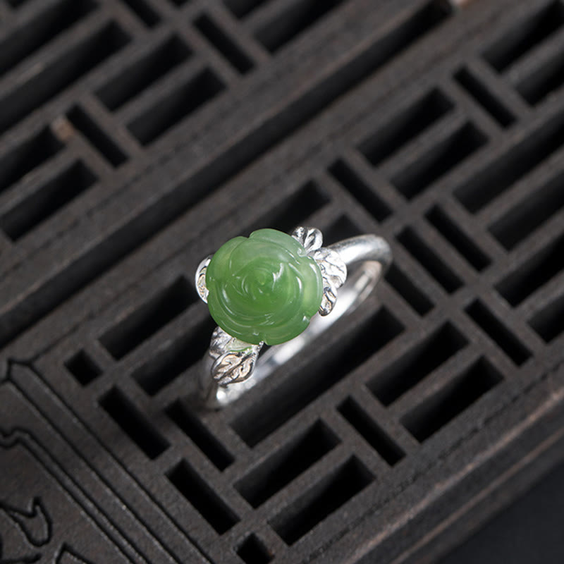 Wear FengShui 925 Sterling Silver Jade Green Rose Luck Adjustable Ring