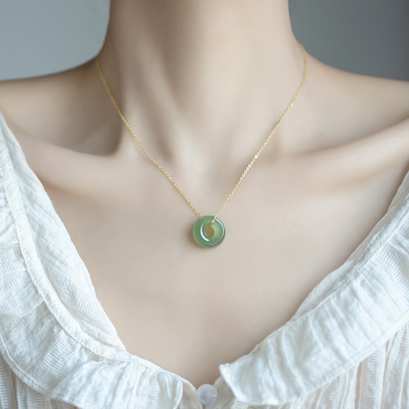 Wear FengShui 925 Sterling Silver Plated Gold Hetian Jade Peace Buckle Necklace Pendant
