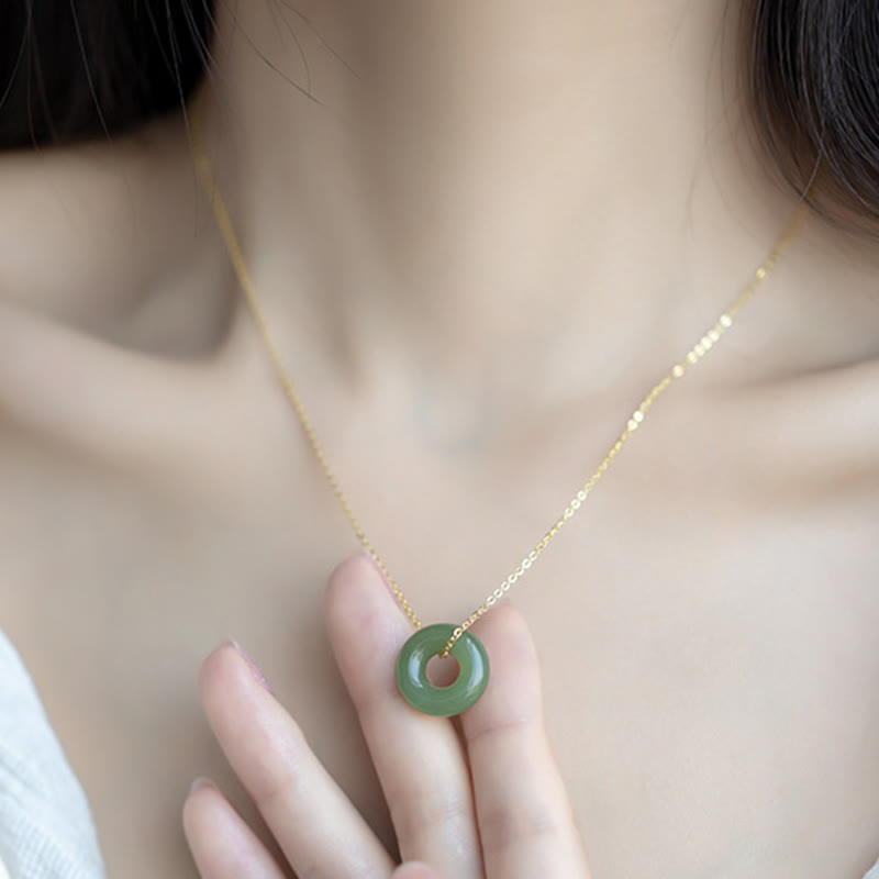 Wear FengShui 925 Sterling Silver Plated Gold Hetian Jade Peace Buckle Necklace Pendant
