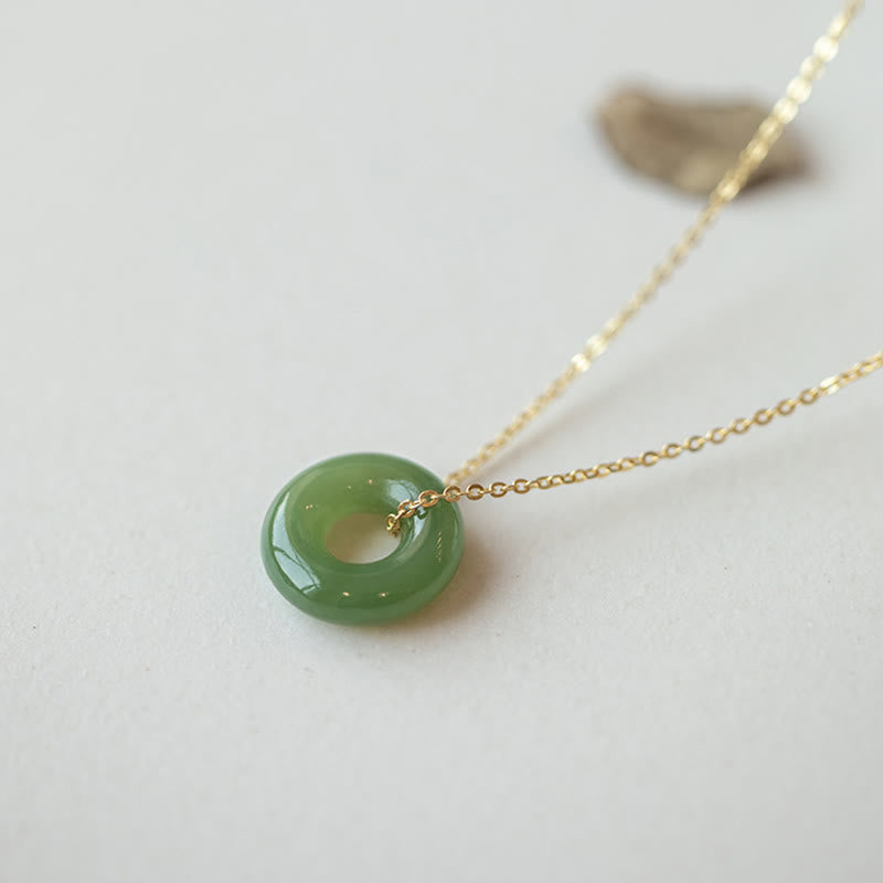 Wear FengShui 925 Sterling Silver Plated Gold Hetian Jade Peace Buckle Necklace Pendant