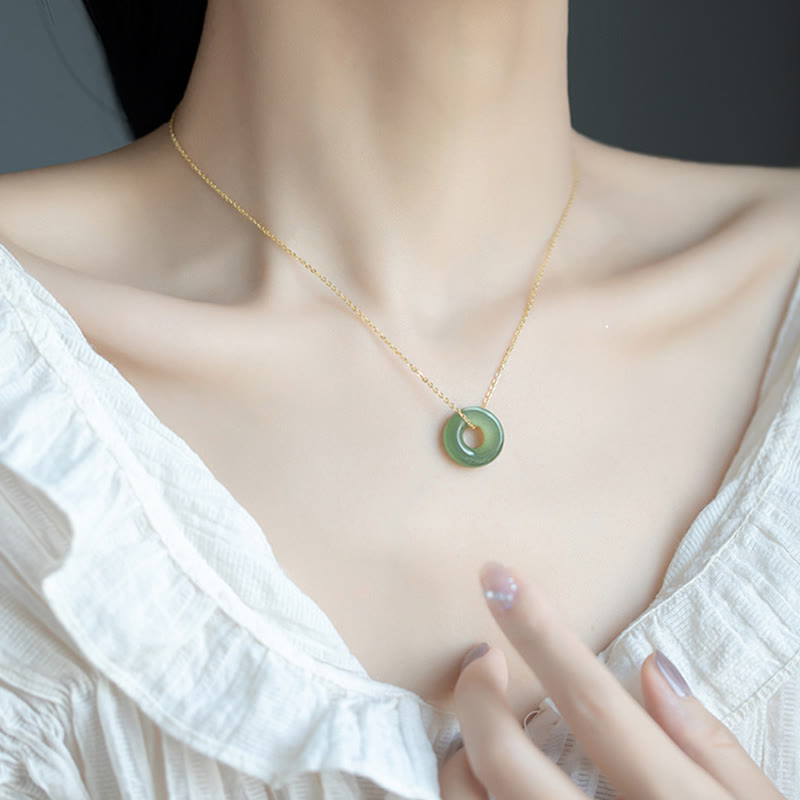 Wear FengShui 925 Sterling Silver Plated Gold Hetian Jade Peace Buckle Necklace Pendant