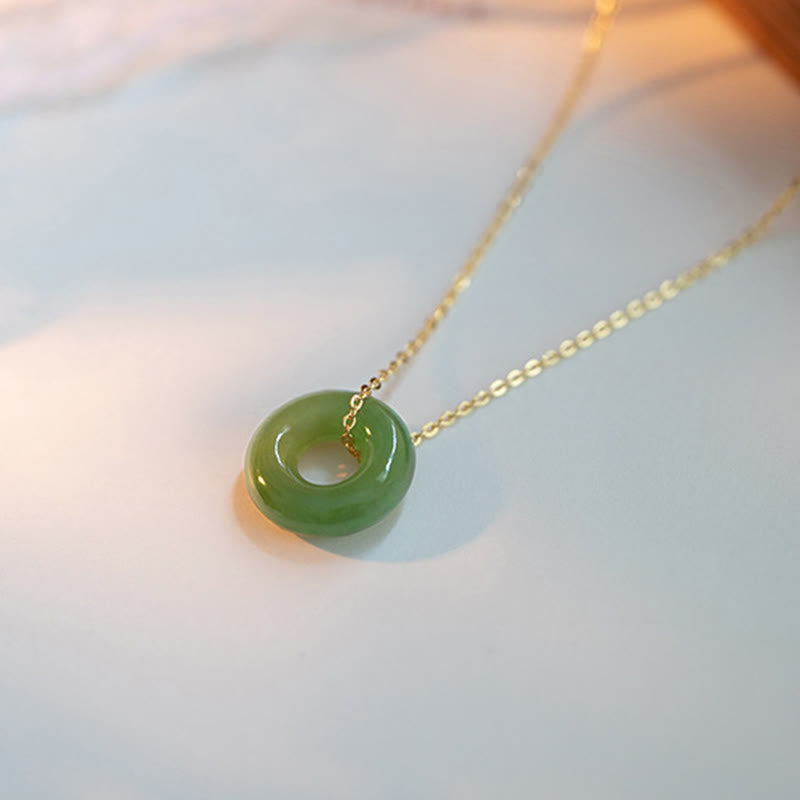 Wear FengShui 925 Sterling Silver Plated Gold Hetian Jade Peace Buckle Necklace Pendant