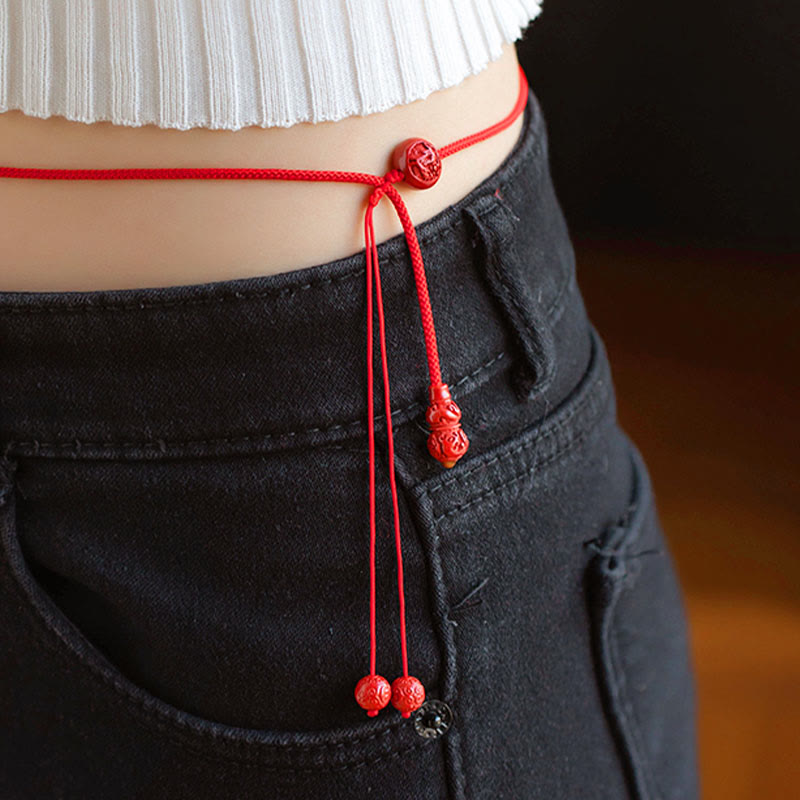 Wear FengShui Natural Cinnabar Chinese Zodiac Gourd Calm Blessing Red String Belly Chain