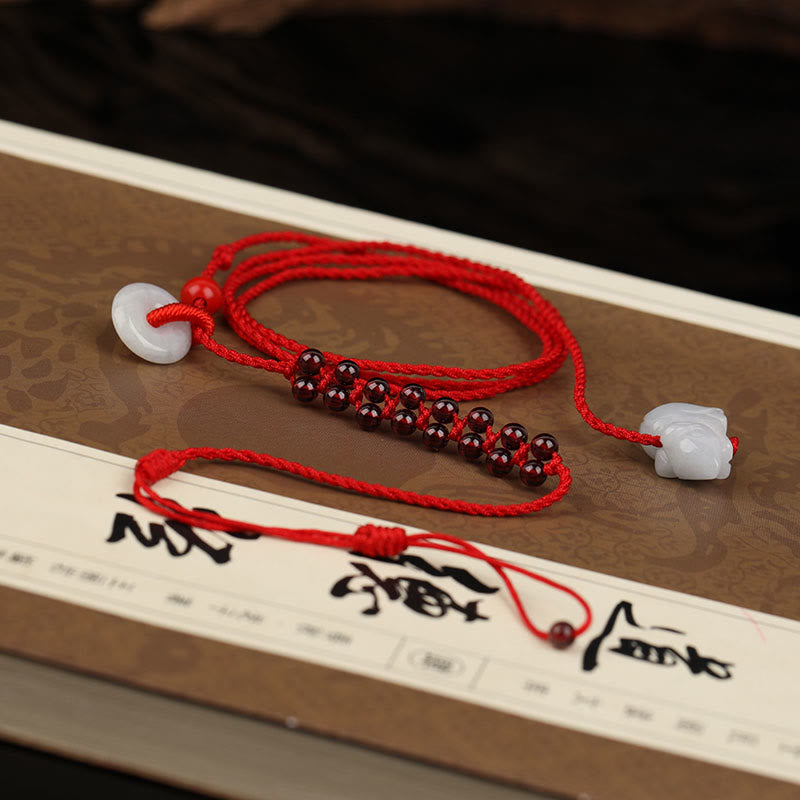 Wear FengShui Chinese Zodiac Natural Garnet Peace Buckle Blessing Red String Belly Chain