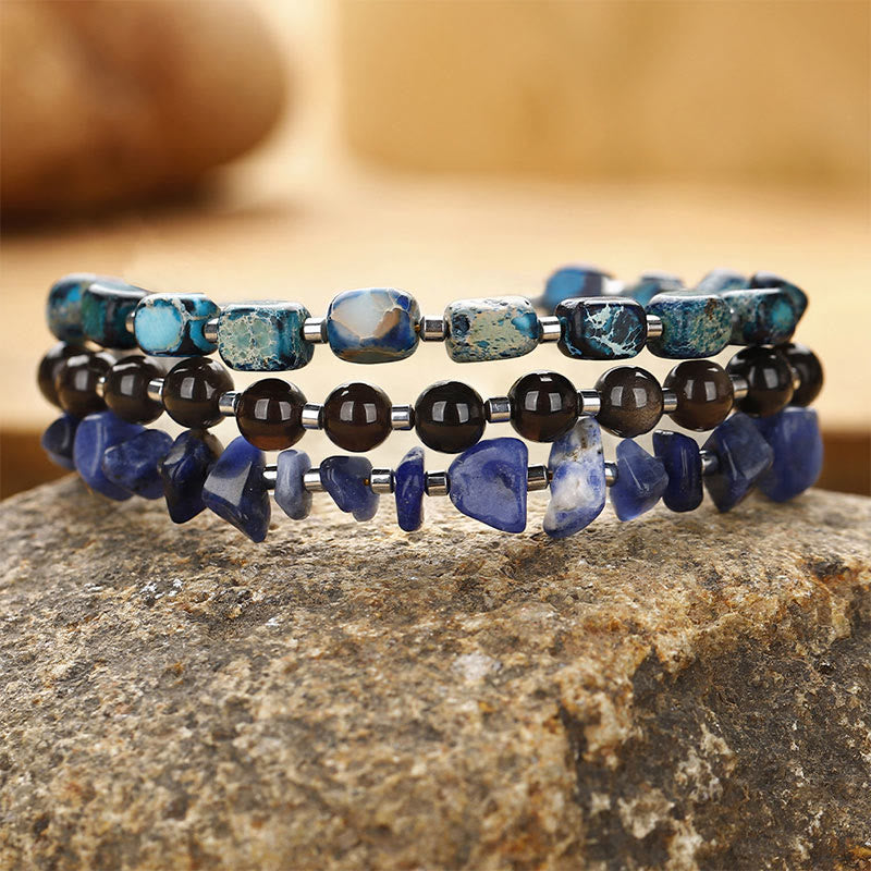 Wear FengShui Emperor Stone Sodalite Gold Sheen Obsidian Balance Triple Wrap Bracelet