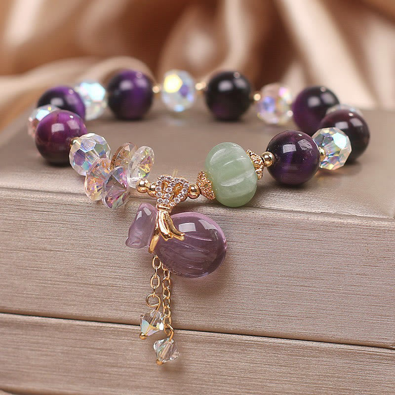 Wear FengShui Purple Tiger Eye White Crystal Amethyst Jade Bravery Bracelet