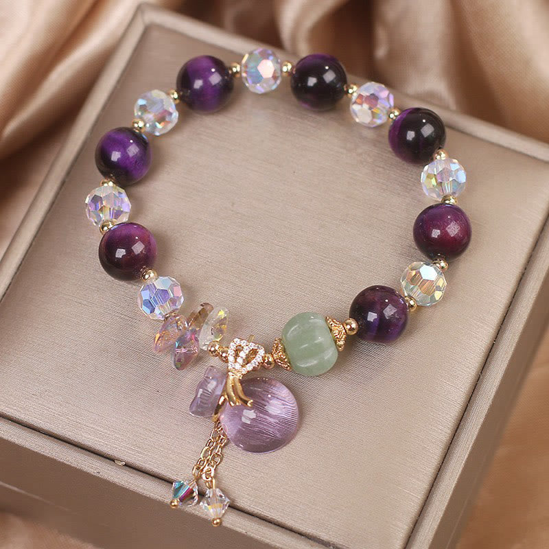 Wear FengShui Purple Tiger Eye White Crystal Amethyst Jade Bravery Bracelet