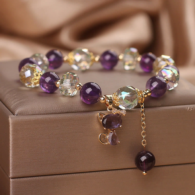 Wear FengShui Amethyst White Crystal Fox Meditation Bracelet