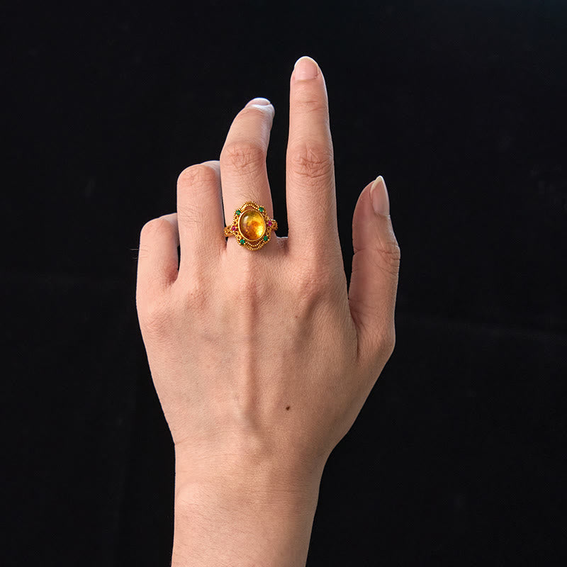 Wear FengShui Flower Amber Hollow Lace Confidence Adjustable Ring