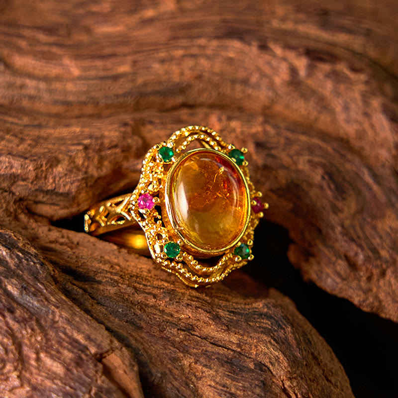 Wear FengShui Flower Amber Hollow Lace Confidence Adjustable Ring