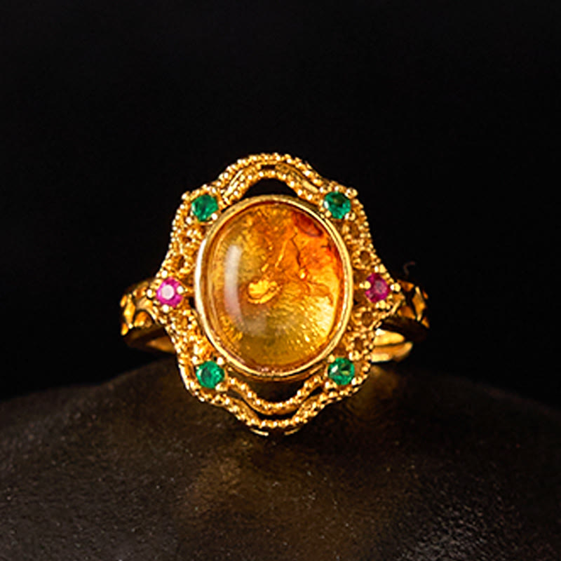 Wear FengShui Flower Amber Hollow Lace Confidence Adjustable Ring
