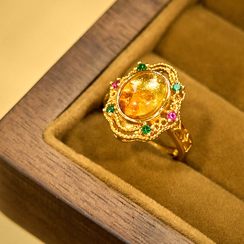 Wear FengShui Flower Amber Hollow Lace Confidence Adjustable Ring