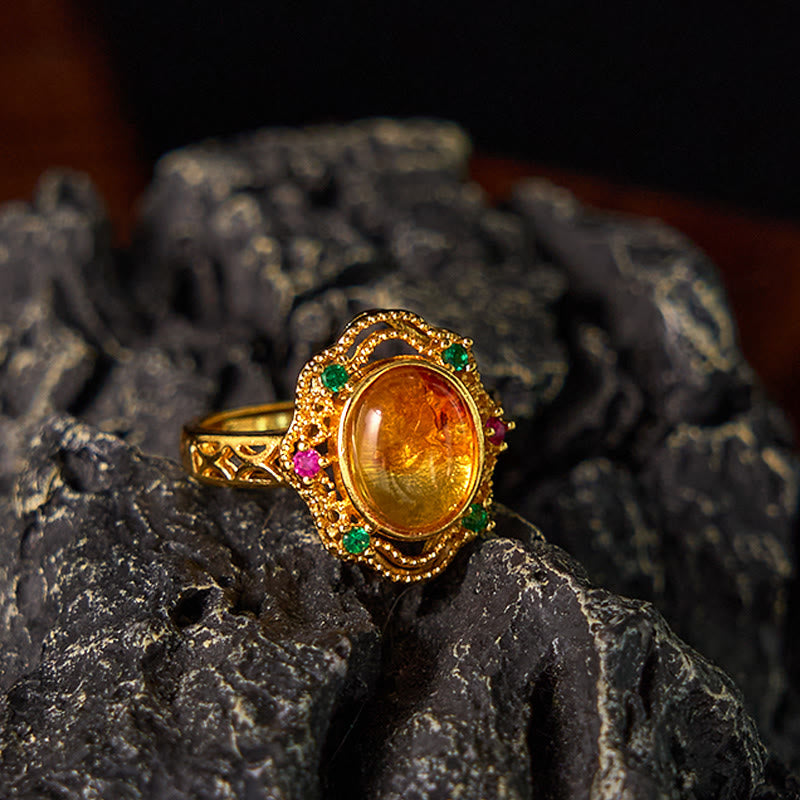 Wear FengShui Flower Amber Hollow Lace Confidence Adjustable Ring