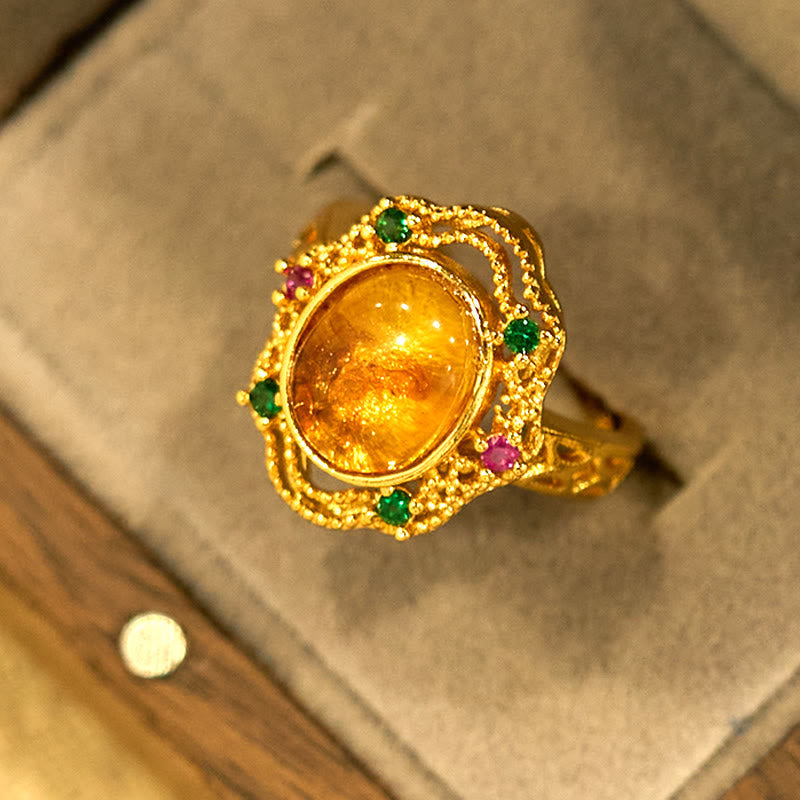 Wear FengShui Flower Amber Hollow Lace Confidence Adjustable Ring