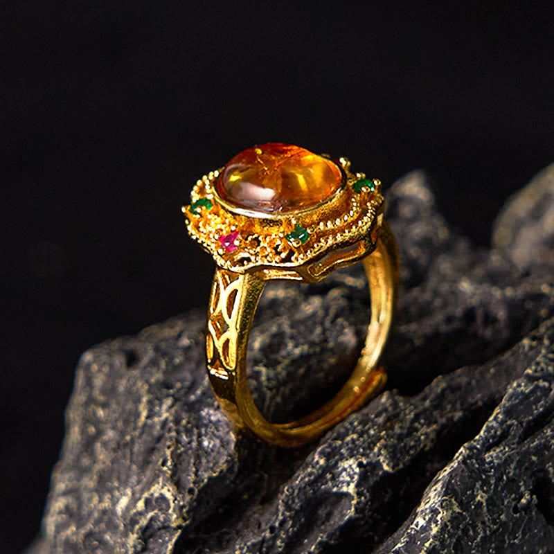 Wear FengShui Flower Amber Hollow Lace Confidence Adjustable Ring