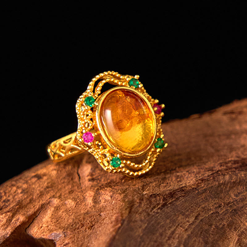 Wear FengShui Flower Amber Hollow Lace Confidence Adjustable Ring