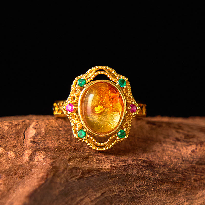 Wear FengShui Flower Amber Hollow Lace Confidence Adjustable Ring