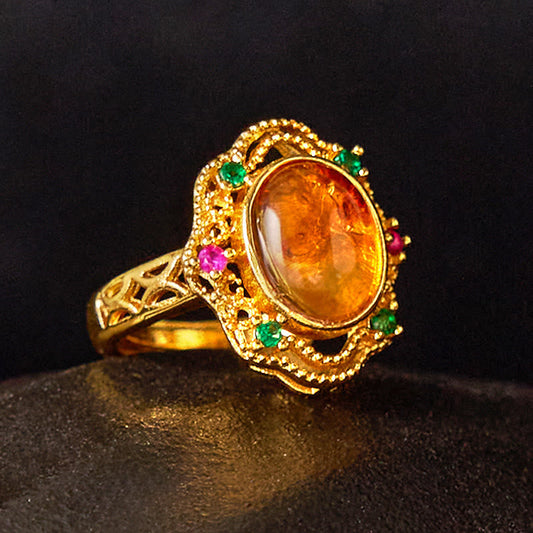 Wear FengShui Flower Amber Hollow Lace Confidence Adjustable Ring