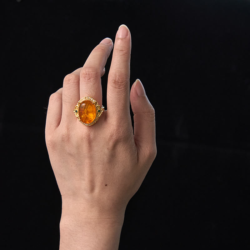 Wear FengShui Amber Flower Pigeon Egg Pattern Focus Ring