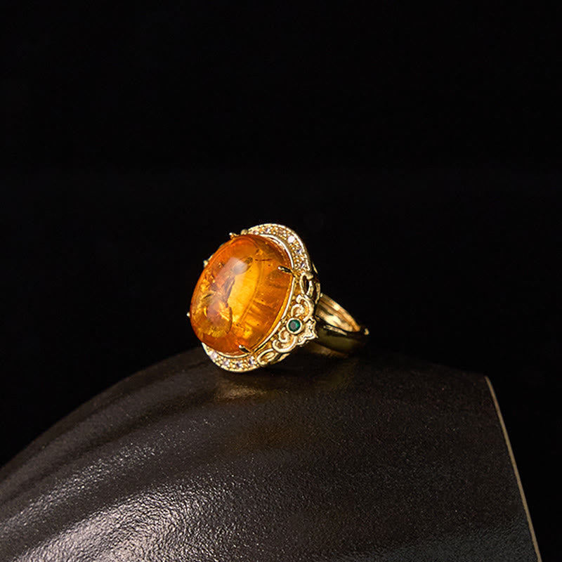 Wear FengShui Amber Flower Pigeon Egg Pattern Focus Ring
