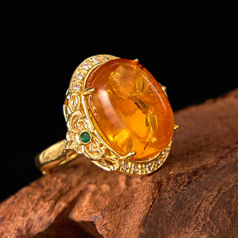 Wear FengShui Amber Flower Pigeon Egg Pattern Focus Ring