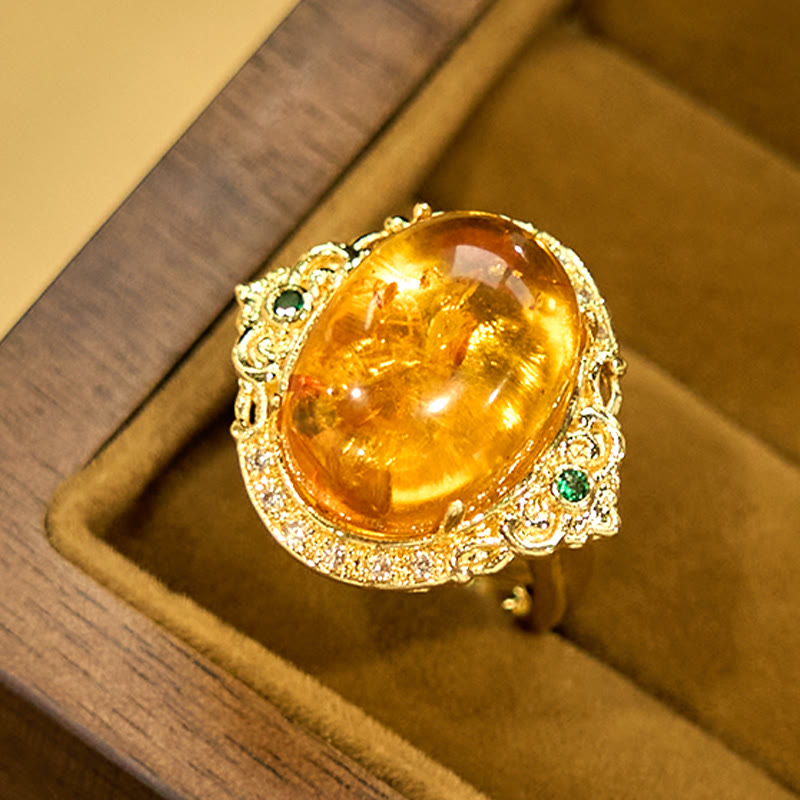 Wear FengShui Amber Flower Pigeon Egg Pattern Focus Ring