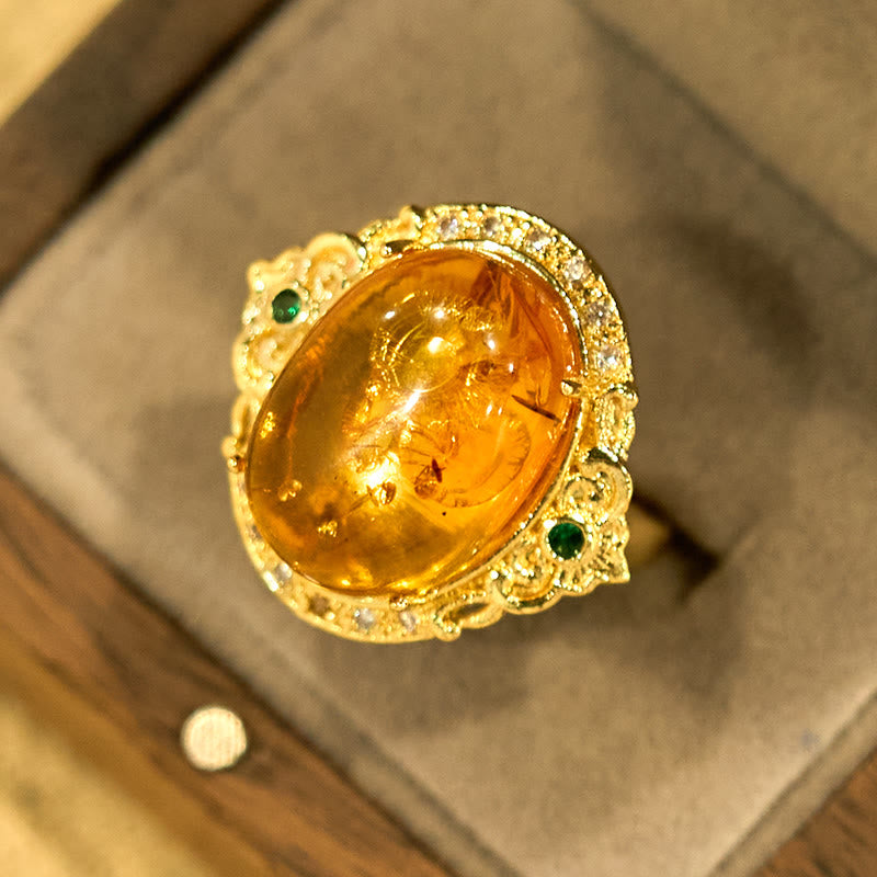 Wear FengShui Amber Flower Pigeon Egg Pattern Focus Ring