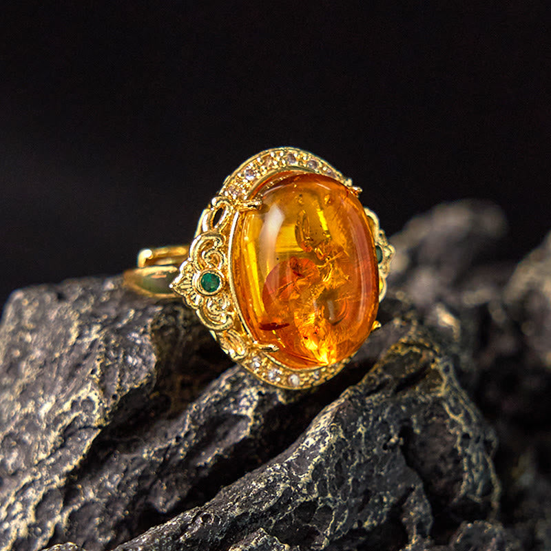 Wear FengShui Amber Flower Pigeon Egg Pattern Focus Ring