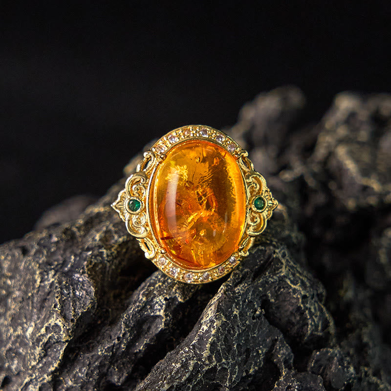 Wear FengShui Amber Flower Pigeon Egg Pattern Focus Ring