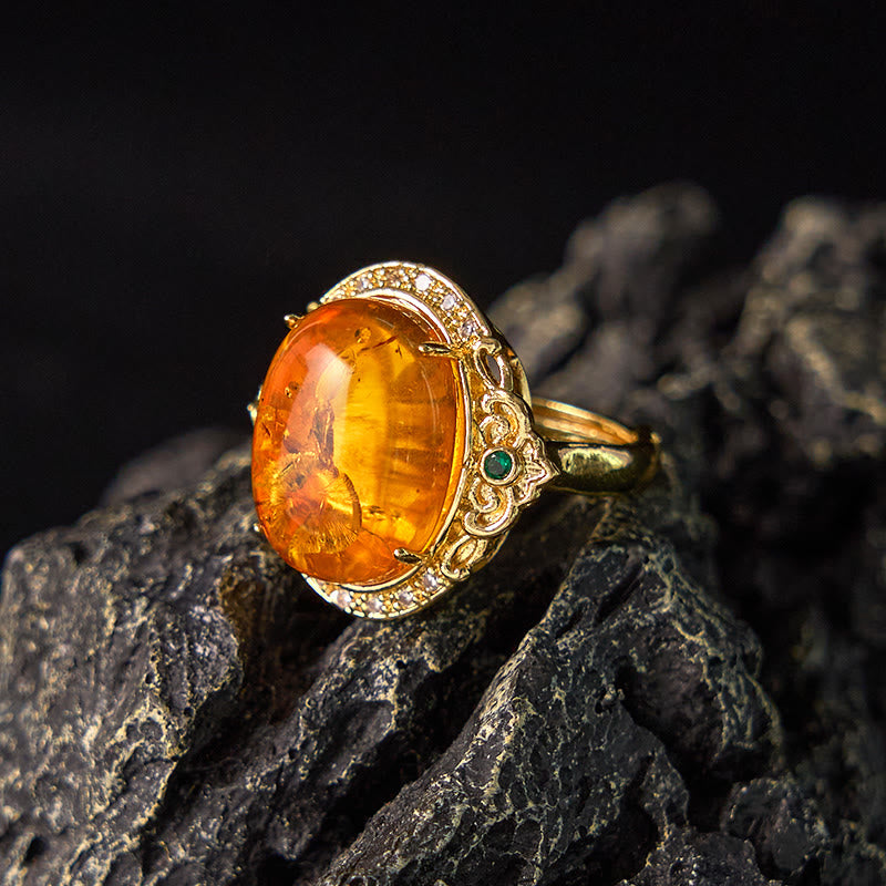 Wear FengShui Amber Flower Pigeon Egg Pattern Focus Ring