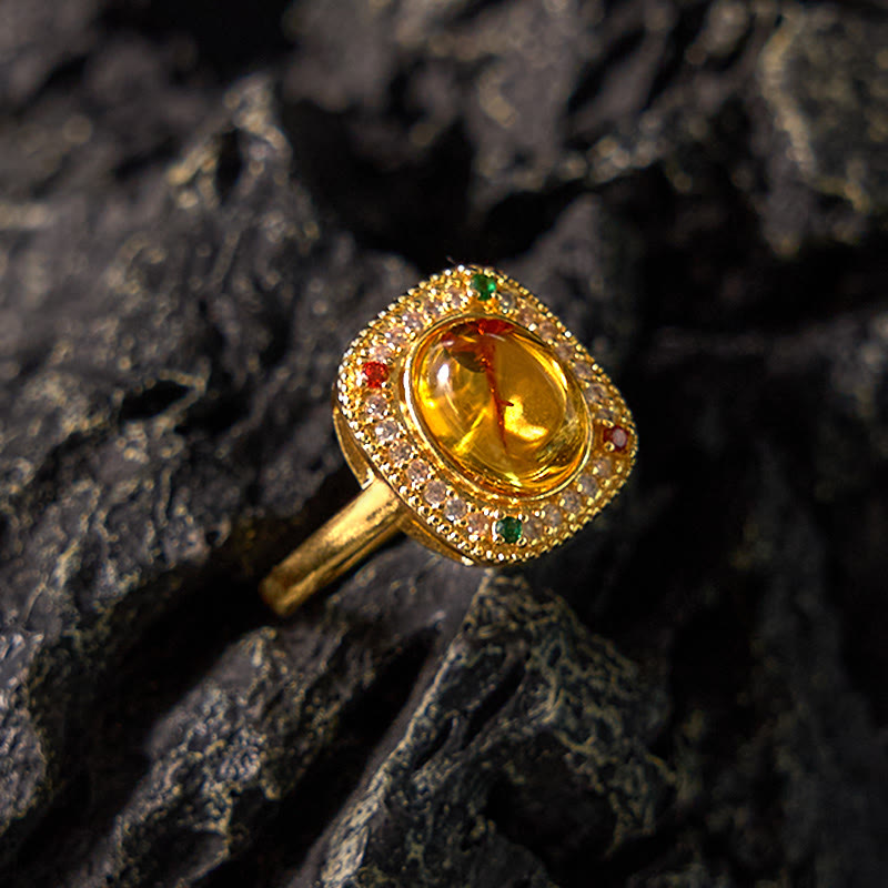 Wear FengShui Natural Amber Flower Square Support Full Diamond Confidence Ring