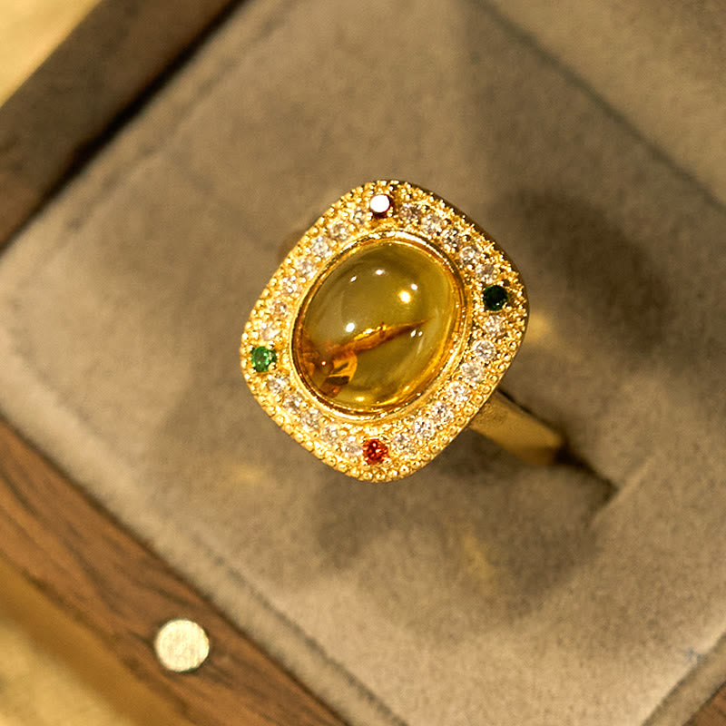 Wear FengShui Natural Amber Flower Square Support Full Diamond Confidence Ring
