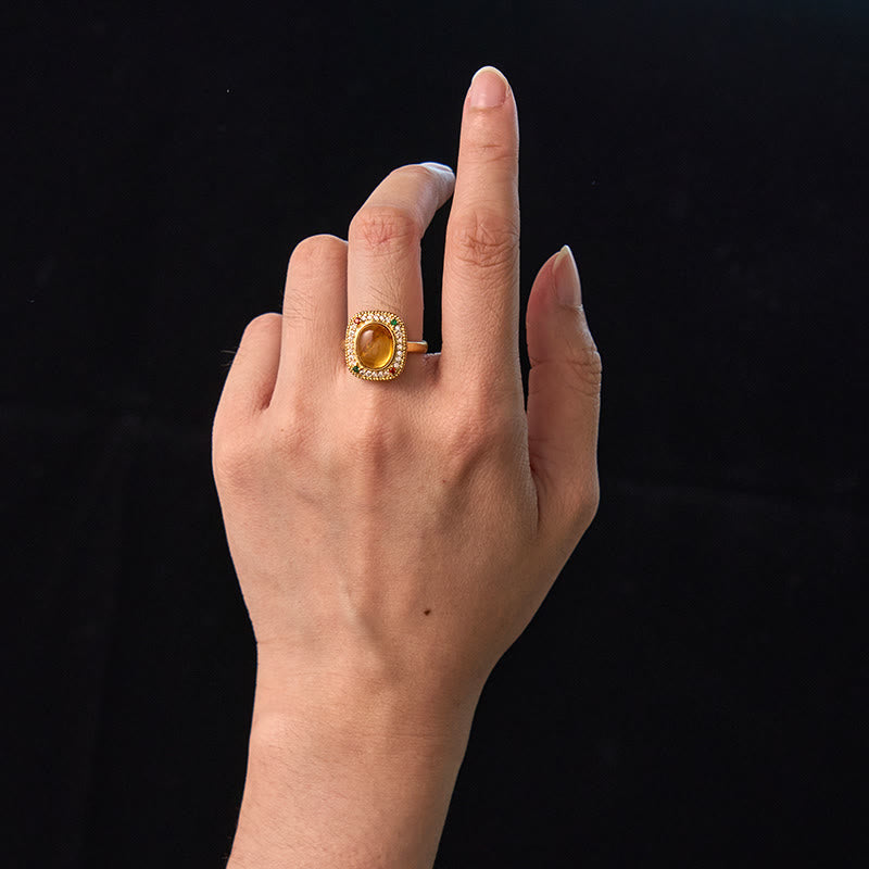 Wear FengShui Natural Amber Flower Square Support Full Diamond Confidence Ring