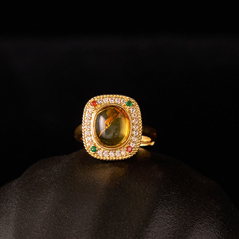 Wear FengShui Natural Amber Flower Square Support Full Diamond Confidence Ring